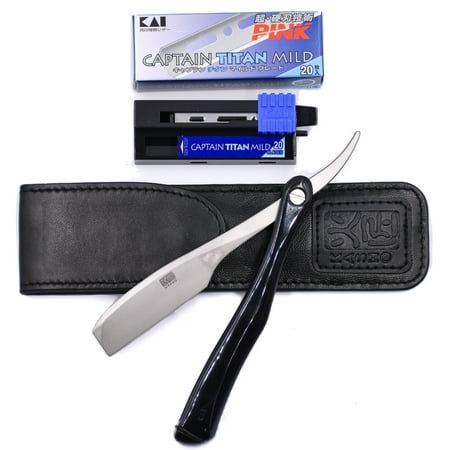 Kai Kasho Captain Japanese Professional Folding Straight Edge Barbering Razor with Leather Case - 20 Kai Captain Titan Blades Included