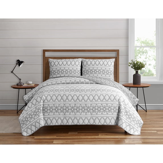 Kai Tribal Grey Soft Matelasse Jacquard Quilt Set - Full/Queen