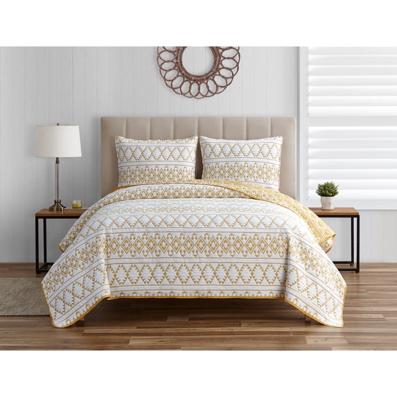 Kai Tribal Spicy Mustard Soft Matelasse Jacquard Quilt Set - King