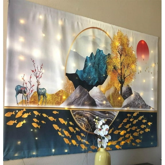 KaiSha LED Tapestry Wall Hanging; Modern Abstract Mountains Trees Scenic Art Dcor Home Decoration Bedroom Dorm Living Room Nature Landscape Scene