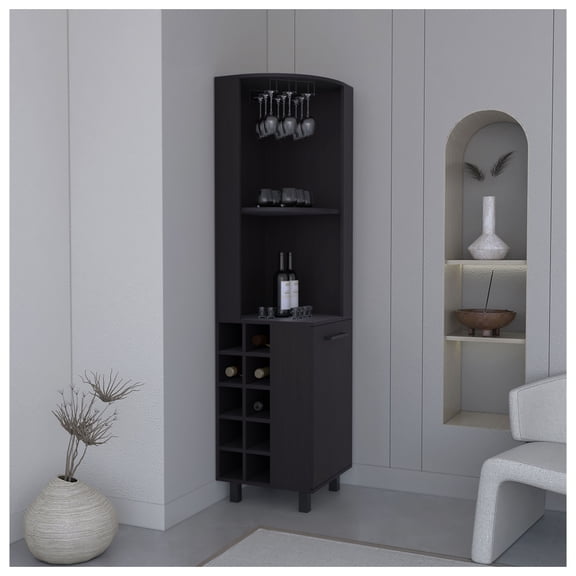 Kaia 70" Tall Corner Bar Cabinet With Four Shelves, Ten Wine Bottle Cubbies and Stemware in Black Wengue