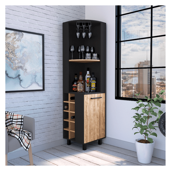 Kaia Corner Bar Cabinet, Two Shelves, Ten Built-in Wine Rack, Single Door Cabinet, Two interior Shelves, -Black / Pine
