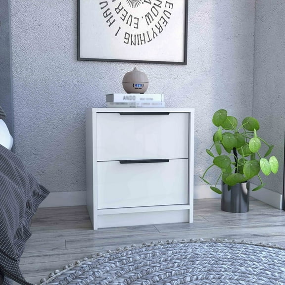 Kaia Side/End Table with Two 14.8-Inch x 8-Inch Drawers & Metal Handle - White, Easy Setup