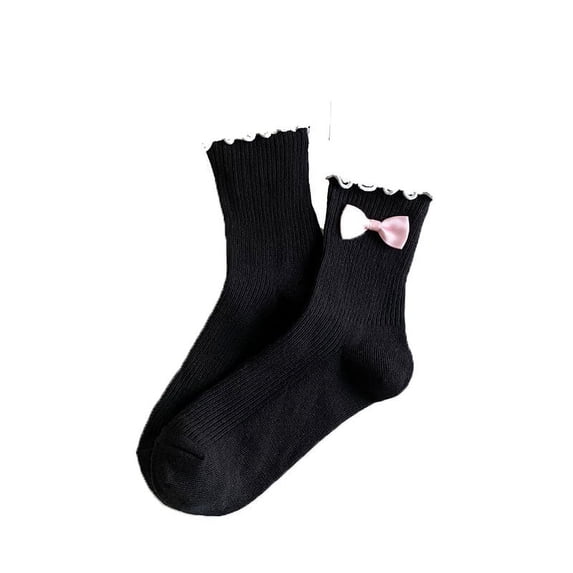 Kaiare Womens Socks Bow Decor Ruffle Edge Sweet Style Princess Socks Versatile Soft Comfy Daily Casual Mid Calf Socks