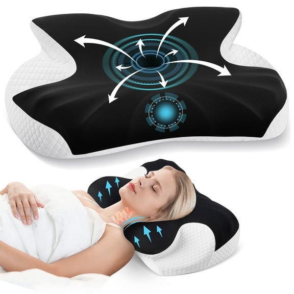 ENERFACE Ergonomic Memory Foam Neck Pillow for Pain Relief, Orthopedic Cervical Pillow for Side, Back & Stomach Sleepers with Breathable Washable Cover, Black+White