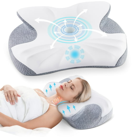 ENERFACE Ergonomic Memory Foam Neck Pillow for Pain Relief, Orthopedic Cervical Pillow for Side, Back & Stomach Sleepers with Breathable Washable Cover, Gray+White