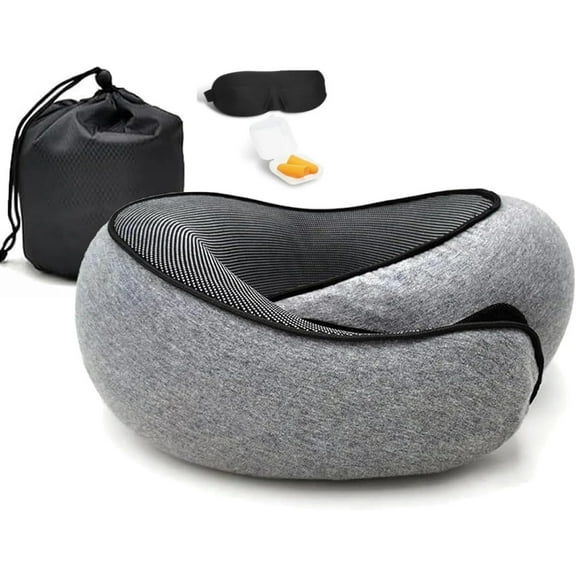 Kaibinsi Travel Pillows for Airplanes, Travel Neck Pillow Travel Pillow, 360 Support Memory Foam Travel Pillow with 3D Contoured Eye Mask, Earplugs and Storage Bag for Airplanes Offices, Cars, Gray