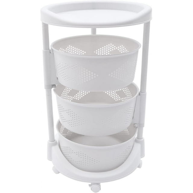 Kaibrite Rotating Kitchen Storage Rack, Multi-Layer Revolving Basket Kitchen Shelf with Wheels, for Kitchen, Bathroom, Laundry Room, Garage, White (3-Layer)