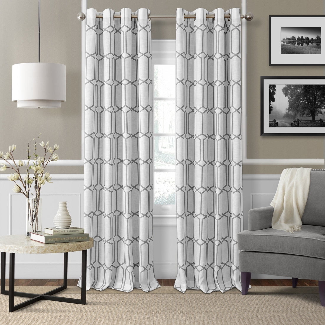 Indigo Geometric Room Darkening Grommet Drapes