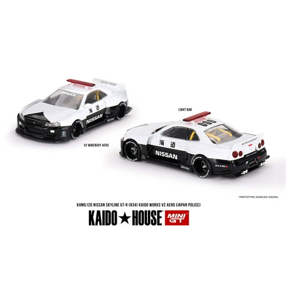 Kaido House x Mini GT Nissan Skyline GT-R (R34) Kaido Works V2 Aero - 1:64 Scale, Japan Police (2024 Limited Edition)