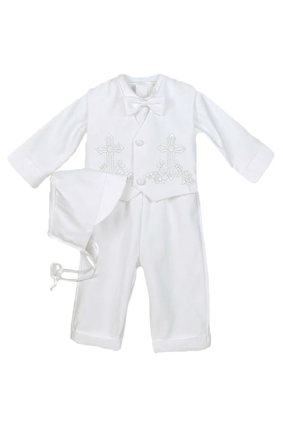 Baby Boys’ "Floral Crosses" 4-Piece Christening Tuxedo Color: white Size: 3 months