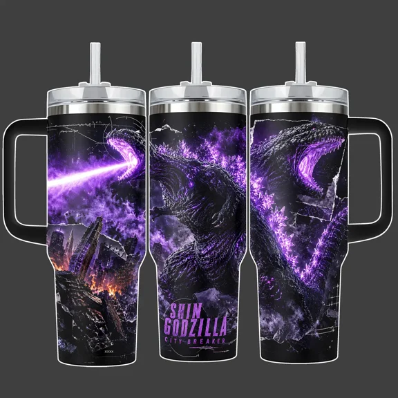 Kaiju Monster City Breaker Purple Atomic Breath Tumbler Cup, Giant Monster Full Wrap Stainless Steel Insulated Tumbler With Straw Lid Included and Handle Option, Gift for Movie Fans