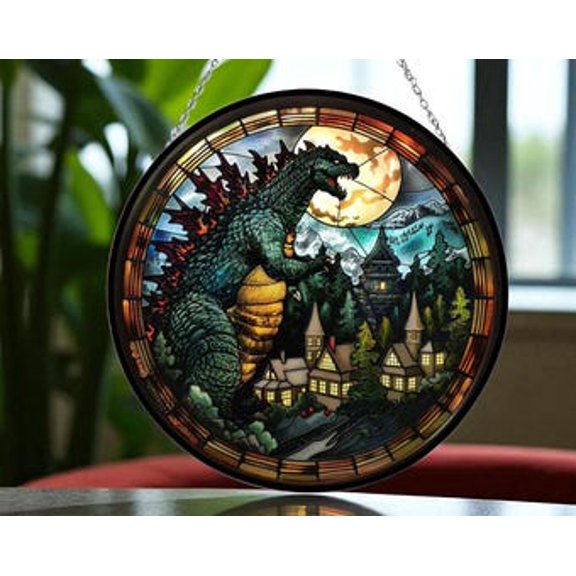 Kaiju Monster Glass Suncatcher Round Window Hanging, 3.5 in