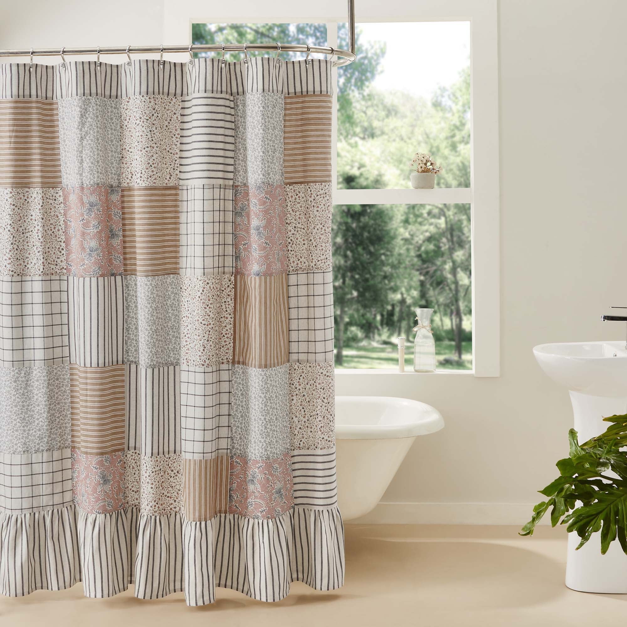 VHC Brands Kaila Country Cottage Farmhouse Floral Stripe Patchwork Shower Curtain 72x73
