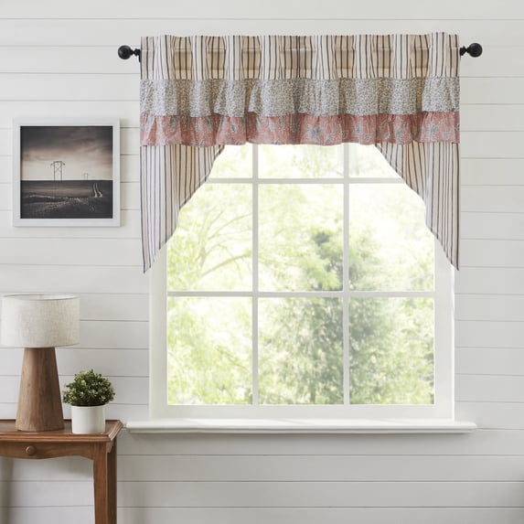 VHC Brands Kaila Country Cottage Ruffled Blue Ticking Stripe Kitchen Curtain Swag Set 36x36x16