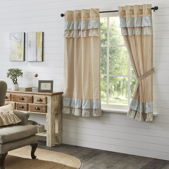 VHC Brands Kaila Country Cottage Ruffled Gold Ticking Stripe Curtain Short Panel Set 63x36