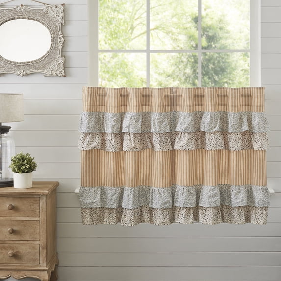 VHC Brands Kaila Country Cottage Ruffled Gold Ticking Stripe Curtain Tier Set 36Lx36W