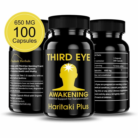 Kailash Herbals Third Eye Awakening Organic Haritaki Capsules - 100 Capsules - 650 mg Each -Terminalia Chebula