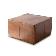 Kailey Mid-Century Modern Square Genuine Leather 27.5" Ottoman in Tan