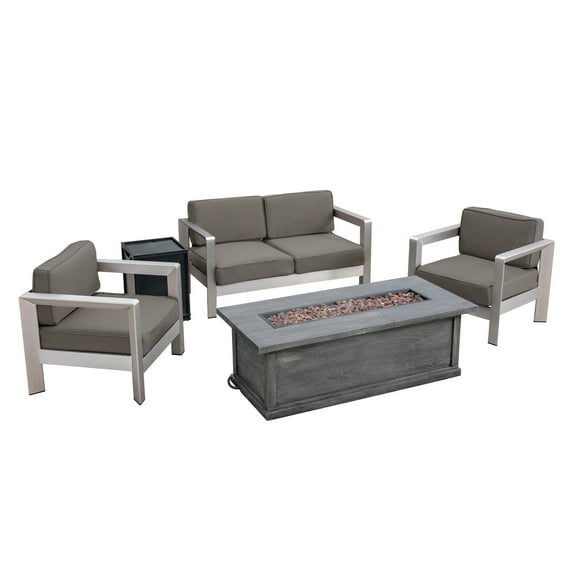 Kailey Outdoor 5 Piece Aluminum Chat Set with Fire Pit and Tank Holder, Silver, Khaki, Gray, Black