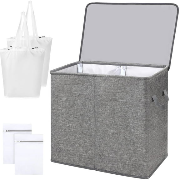 Kailwokk Double Laundry Hamper with Lid, 2 Removable Wash Bags, Foldable Clothes Basket for Bedroom Bathroom College Dorm, Gray