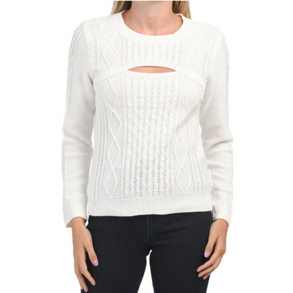 Kaily K Women's Cut Out Soft Cotton Blend Cable Knit Sweater-White / M