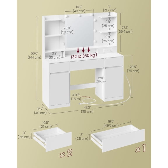 Kailyn  Vanity Desk with Mirror and 9 LED Bulbs, Makeup Table with Power Outlets, Dressing Table with 2 Cabinets for Bedroom, Cloud White