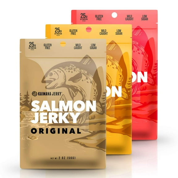 Kaimana Jerky Wild Caught Salmon Jerky - Organic Dried Fish Strips Rich in Omega-3, Protein - Low-Calorie Seafood Snack with No Gluten, Less Sodium & Sugar - Original, Teriyaki, Spicy Flavors - 3-Pac