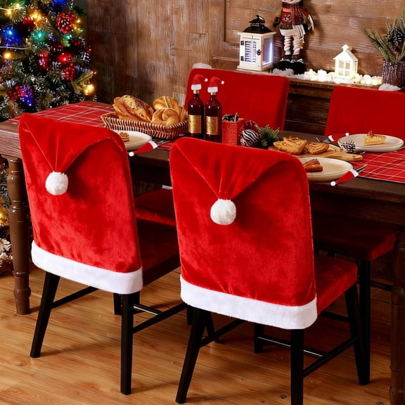 Kaimeng Christmas Chair Cover, Santa Hat Chair Covers with 6Pcs Silverware Holders Santa Chair Back Cover for Christmas Dinner Table Holiday Party Decoration Y102