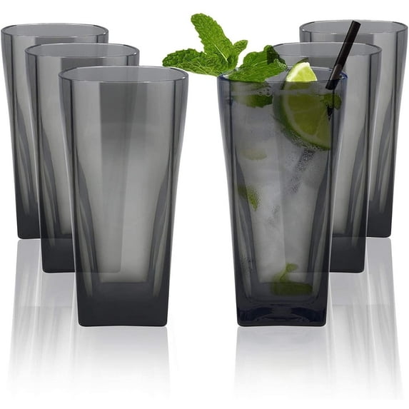 E-Greetshopping 6 Pcs Plastic Drinking Glasses, 12 ounce Glass Like Shatterproof Drinking Cups, Plastic Tumblers for Kitchen & Party, Dishwasher Safe Glassware, Grey