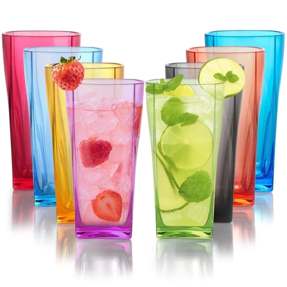 E-Greetshopping 8 Pcs Plastic Drinking Glasses, 20 Ounce Glass Like Shatterproof Drinking Cups, Plastic Tumblers for Kitchen & Party, Dishwasher Safe Glassware, Colorful