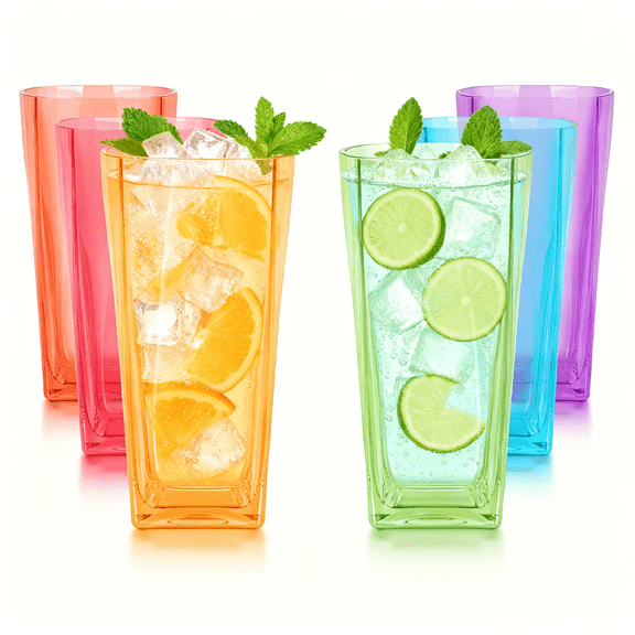 E-Greetshopping 6 Pcs Plastic Drinking Glasses, 20 Ounce Glass Like Shatterproof Drinking Cups, Plastic Tumblers for Kitchen & Party, Dishwasher Safe Glassware, Colorful