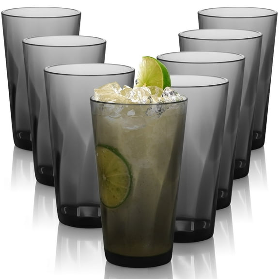 E-Greetshopping 8 Pcs Plastic Drinking Glasses, 20 Ounce Glass Like Shatterproof Drinking Cups, Plastic Tumblers for Kitchen & Party, Dishwasher Safe Glassware, Gray