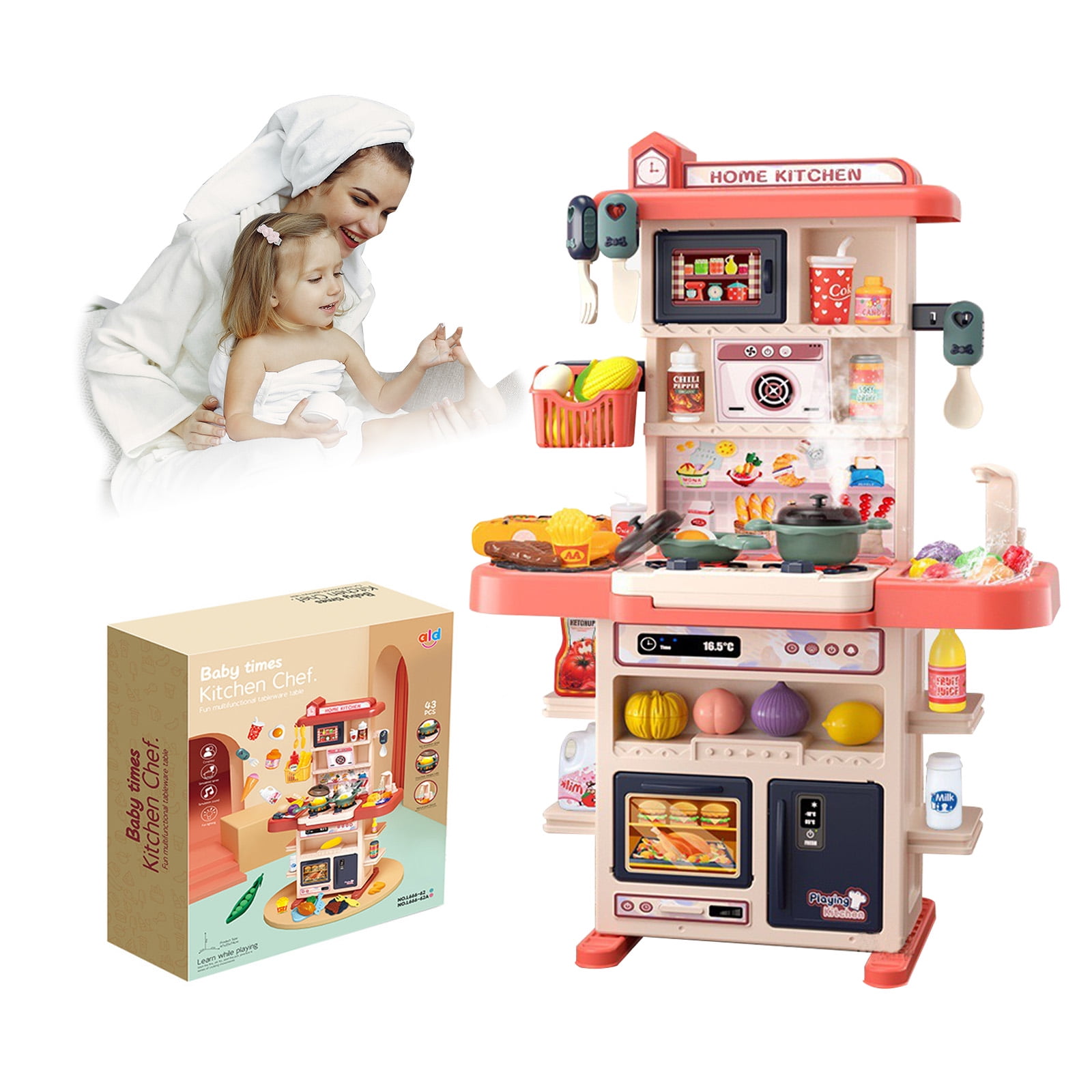 Kaimingweb Kids Play Kitchen Set 43 Pcs Pretend Cooking Toys with Real Spray, Steam \u0026 Sound! Compact 29 Design for Small Spaces Safe, Interactive Toddler Toy (Ages 3-8)