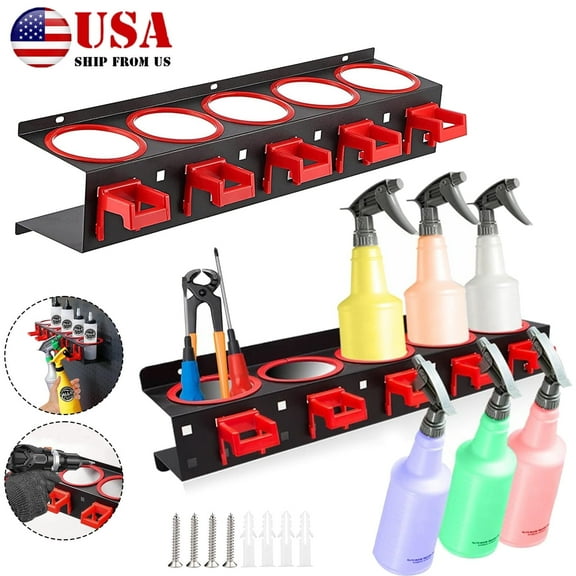 E-Greetshopping Spray Bottle Storage Rack Holder, Wall-mounted Garage Bottle Organizer with 5 Plastic Hanging Hooks, Car Detailing Holder Tools Hanger Organizer for Garage & Car Beauty