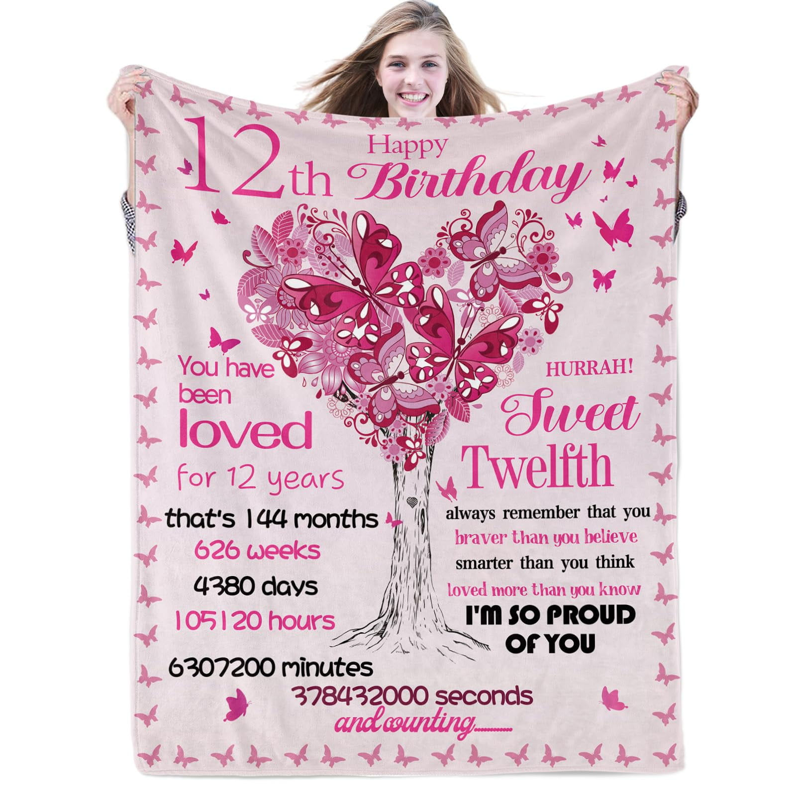 Kainsy 12th Birthday Gifts for Girls Happy Sweet 12 Blanket Gifts 12