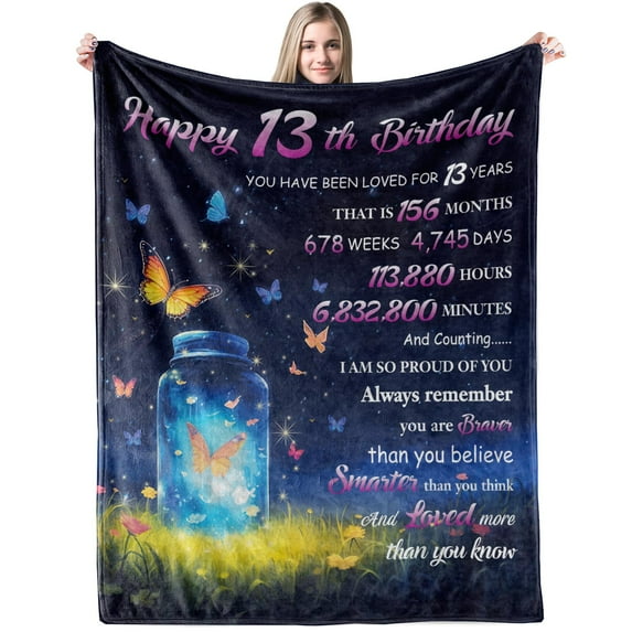 Kainsy 13th Birthday Gifts for Girls,13th Birthday Decoration Girl 13th Birthday Gifts Blanket for Her Butterflies Blanket Gifts for Teen Girl Daughter Sister(50"x60")