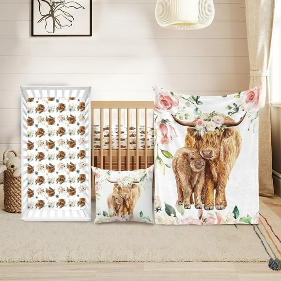 Kainsy Baby Crib Bedding Set, 3-Piece (Blanket, Sheet & Pillowcase), Highland Cow Design, 30 x 40 in