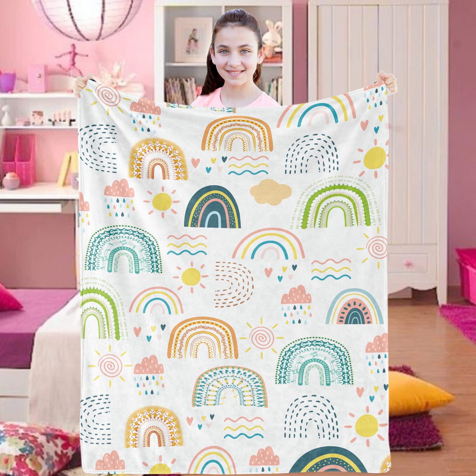 Kainsy Boho Rainbow Throw Blanket for Girls, Cozy Bohemian Rainbow Blanket, Soft Flannel Rainbow Blanket Kids, Fluffy Fleece Rainbow Blankets for Toddler Childs Daughter Gifts Sofa Couch Bed,(50"x60")