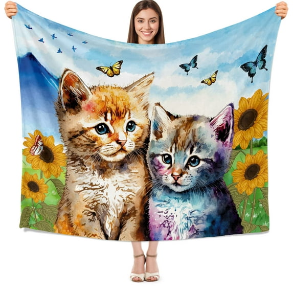 Kainsy Cat Blanket, Flannel Fleece Watercolor Cat Sunflower Throw Blanket Cat Lovers Gifts for Women Kids Soft Cat Blanket for Couch Bed Cat Themed Gifts Cat Lover Blanket inches(40"x50")