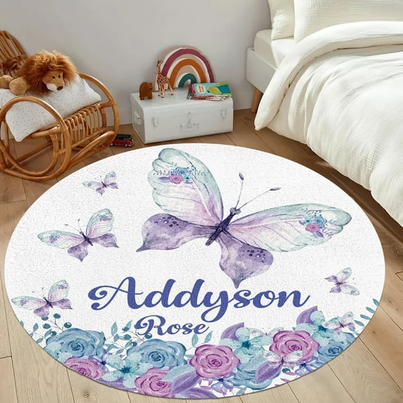 Kainsy Custom Name Butterfly Baby Rug for Nursery Decor: Personalized Name Floral Toddler Rug for Baby Boys Girls - Customized Purple Newborn Rug for Baby Playroom(2ft/24" Round)