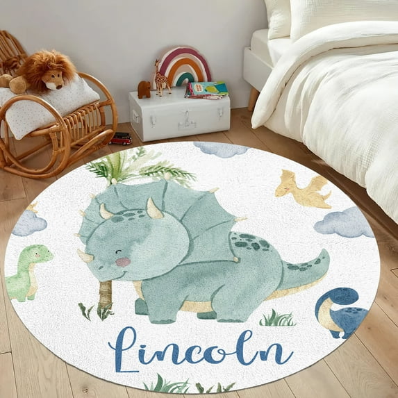 Kainsy Custom Name Dinosaur Baby Round Rugs for Toddlers: Personalized Newborn Gifts Nursery Rug with Name for Baby Boys Girls - Customized Baby Play Mats for Floor(2ft/24" Round)