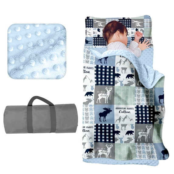 Kainsy Custom Name Toddler Nap Mat for Daycare Cot Bedding - Personalized Baby Boys Kids Nap Mats with Pillow Blanket Preschool Kindergarten Children Sleeping Bag Easy Carry Safari Blue