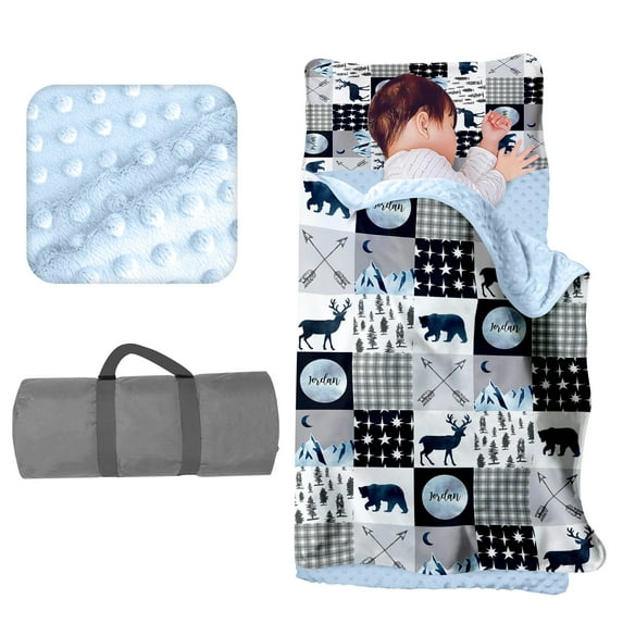 Kainsy Custom Name Toddler Nap Mat for Daycare Cot Bedding - Personalized Baby Boys Kids Nap Mats with Pillow Blanket Preschool Kindergarten Children Sleeping Bag Easy Carry Safari Bear