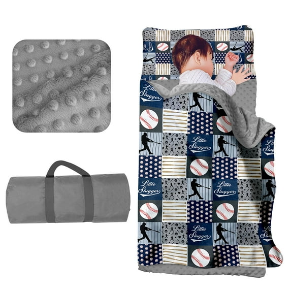 Kainsy Custom Nap Mat for Daycare Toddler Boys - Sleeping Bag for Kids Nap Mats with Pillow Blanket for Preschool Kindergarten, Personalized Name Easy Carry Nap Sack Baseball Blue