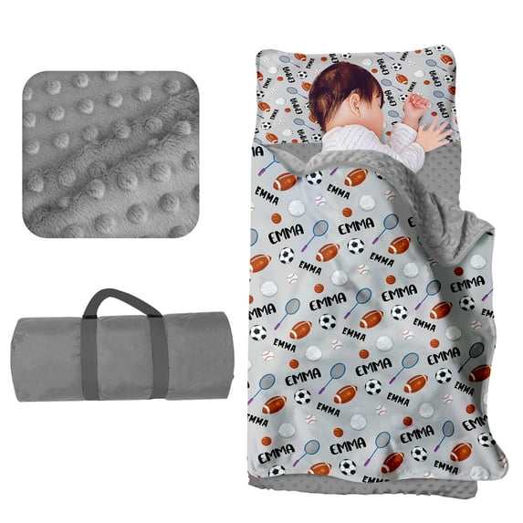 Kainsy Custom Nap Mat for Daycare Toddler Boys - Sleeping Bag for Kids Nap Mats with Pillow Blanket for Preschool Kindergarten, Personalized Name Easy Carry Nap Sack Light Grey