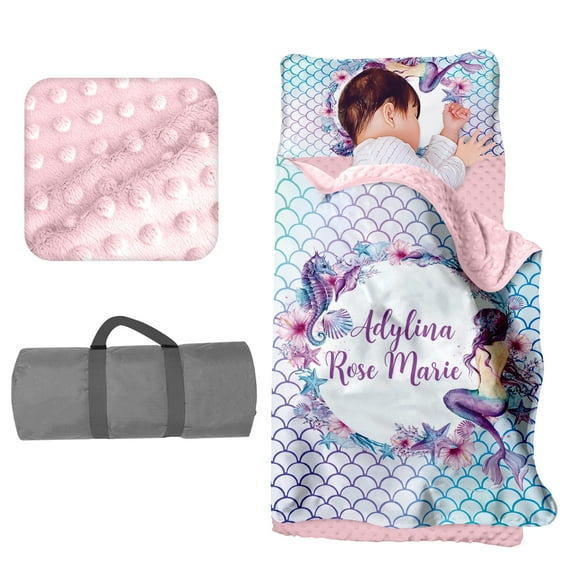 Kainsy Custom Toddler Girls Sleeping Bag Nap Mat for Daycare, Mermaid Kids Sleeping Bag with Pillow & Blanket for Preschool Kindergarten, Personalized Name Easy Carry Napsack Purple