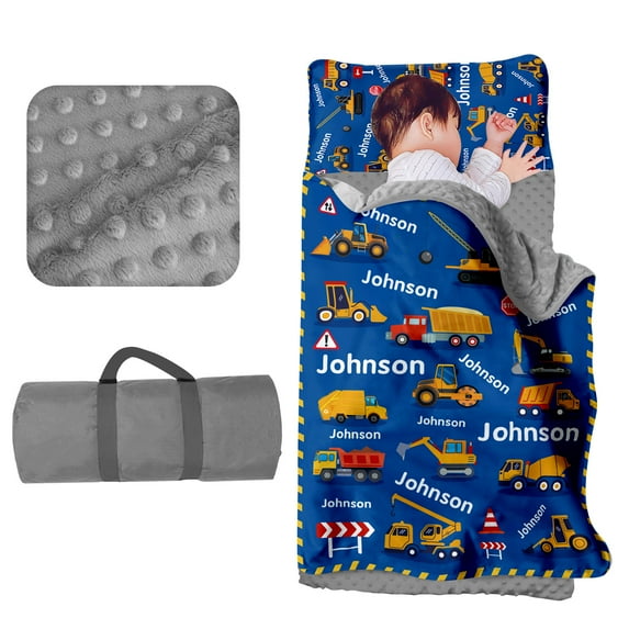 Kainsy Custom Toddler Nap Mat for Daycare - Personalized Name Kids Nap Mats for Personalized Kindergarten Boys Sleeping Bag with Pillow Blanket Set, Thick Padded Easy Roll Up Blue Cars