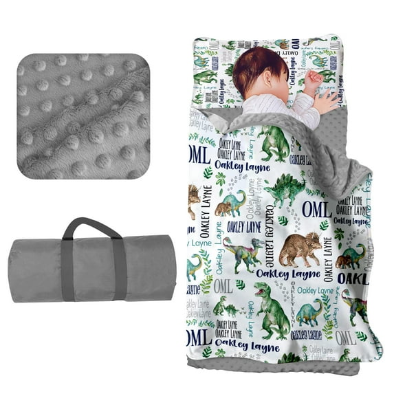 Kainsy Custom Toddler Nap Mat for Preschool - Personalized Name Kids Nap Mats for Daycare Kindergarten Boys Sleeping Bag with Pillow Blanket Set, Thick Padded Easy Roll Up Green Dino 2