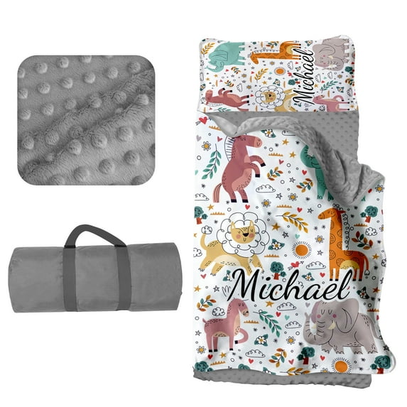 Kainsy Custom Toddler Sleeping Bag with Pillow Cover for Daycare, Personalized Name Kindergarten Nap Mats for Preschool, Personalized Animals Nap Mat for Kids Toddlers Boys Girls